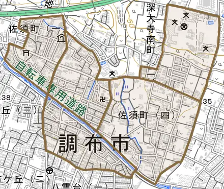 佐須町とその周辺の地図。町の範囲を重ねている