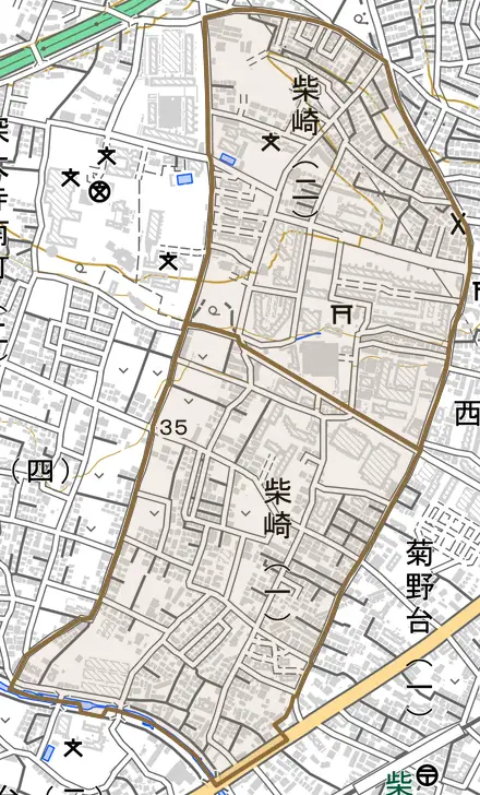 柴崎とその周辺の地図。町の範囲を重ねている