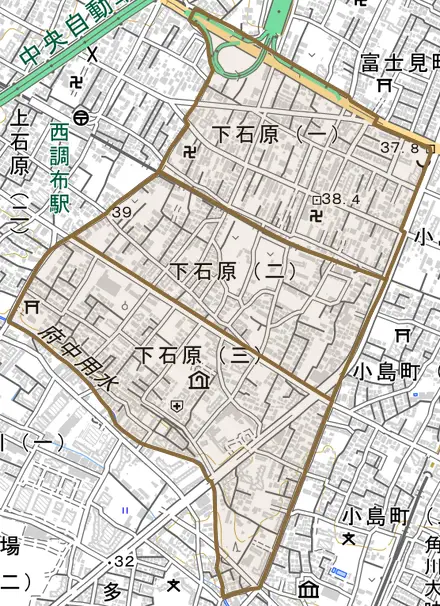 下石原とその周辺の地図。町の範囲を重ねている