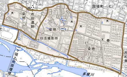 染地とその周辺の地図。町の範囲を重ねている