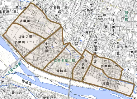 多摩川とその周辺の地図。町の範囲を重ねている