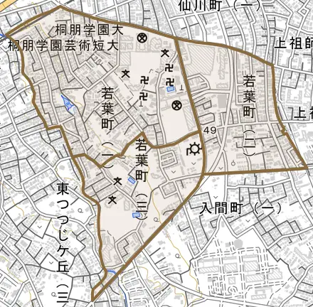 若葉町とその周辺の地図。町の範囲を重ねている