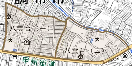 八雲台とその周辺の地図。町の範囲を重ねている