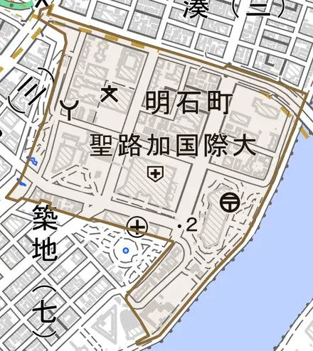明石町とその周辺の地図。町の範囲を重ねている