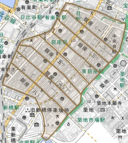 銀座とその周辺の地図。町の範囲を重ねている