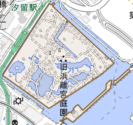浜離宮庭園とその周辺の地図。町の範囲を重ねている