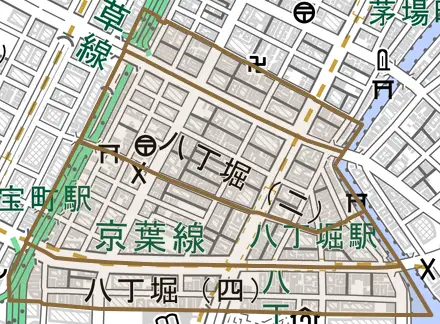 八丁堀とその周辺の地図。町の範囲を重ねている