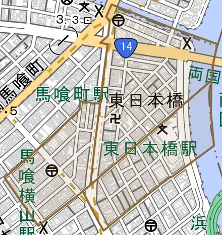 東日本橋とその周辺の地図。町の範囲を重ねている