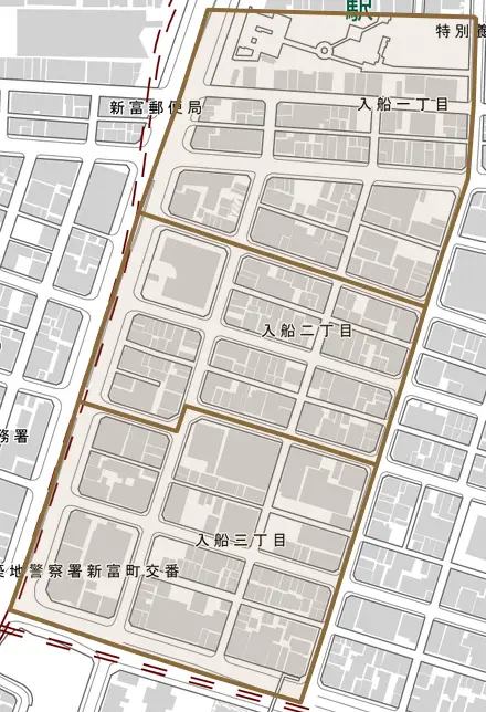入船とその周辺の地図。町の範囲を重ねている