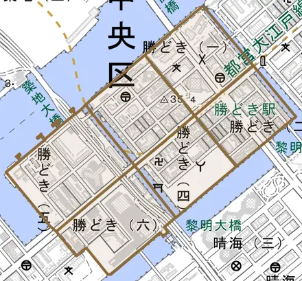 勝どきとその周辺の地図。町の範囲を重ねている