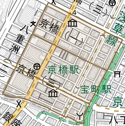 京橋とその周辺の地図。町の範囲を重ねている