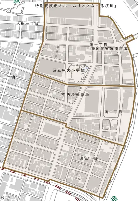 湊とその周辺の地図。町の範囲を重ねている