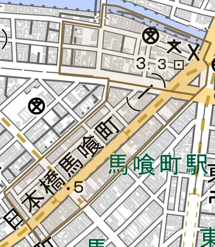 日本橋馬喰町とその周辺の地図。町の範囲を重ねている