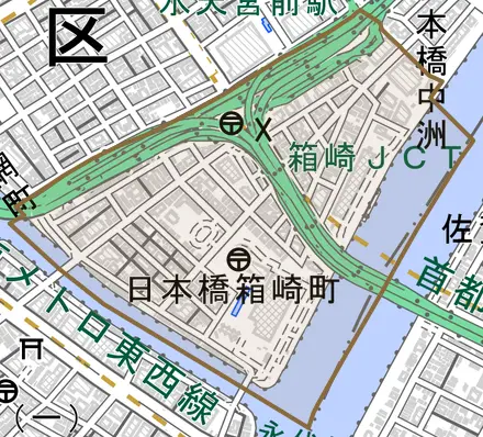 日本橋箱崎町とその周辺の地図。町の範囲を重ねている