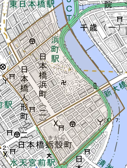 日本橋浜町とその周辺の地図。町の範囲を重ねている