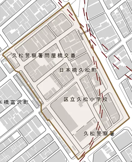 日本橋久松町とその周辺の地図。町の範囲を重ねている
