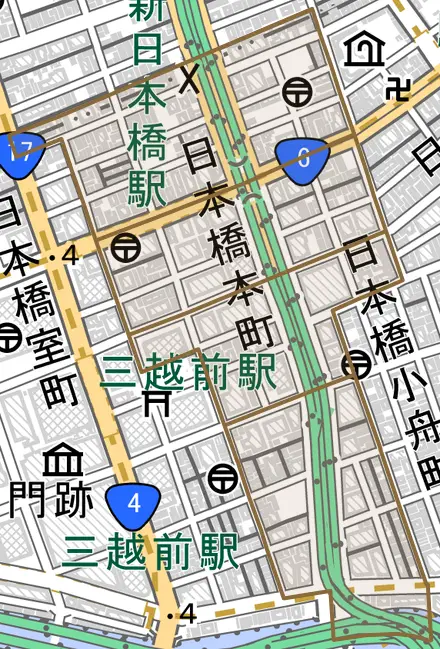 日本橋本町とその周辺の地図。町の範囲を重ねている