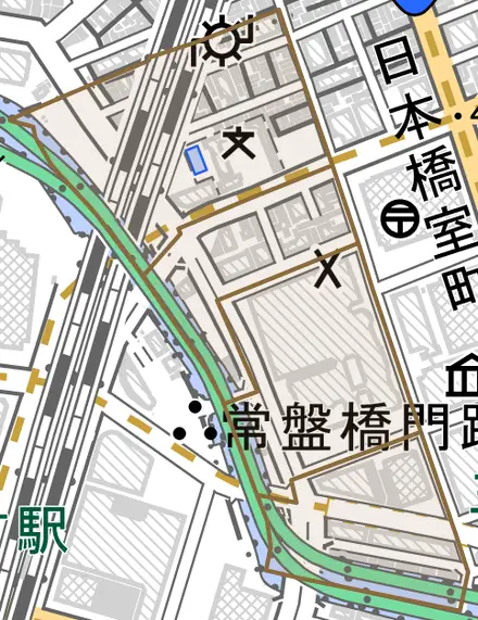日本橋本石町とその周辺の地図。町の範囲を重ねている