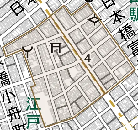 日本橋堀留町とその周辺の地図。町の範囲を重ねている