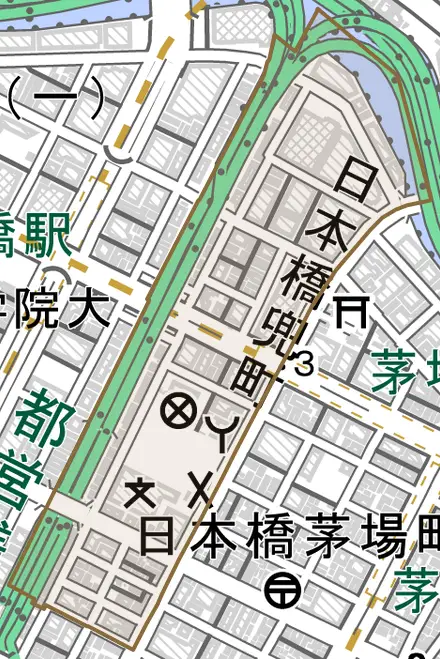 日本橋兜町とその周辺の地図。町の範囲を重ねている