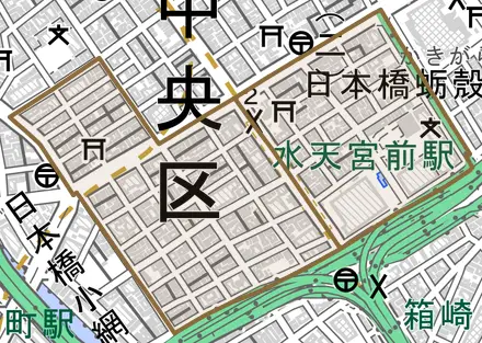 日本橋蛎殻町とその周辺の地図。町の範囲を重ねている