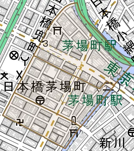 日本橋茅場町とその周辺の地図。町の範囲を重ねている