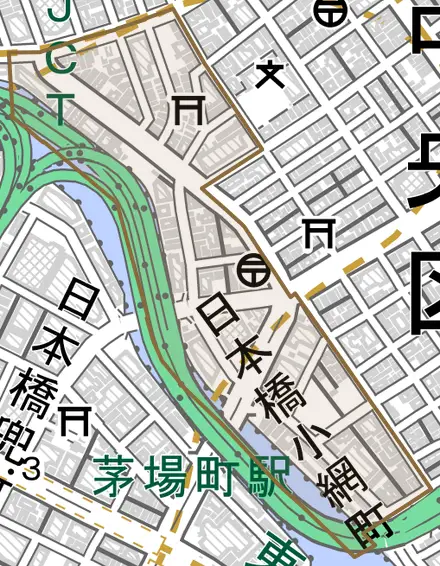 日本橋小網町とその周辺の地図。町の範囲を重ねている