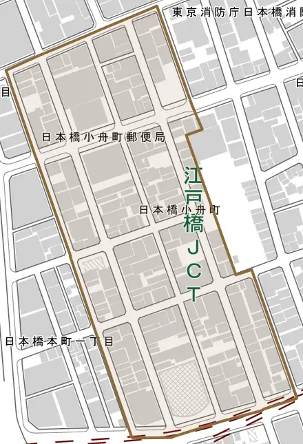 日本橋小舟町とその周辺の地図。町の範囲を重ねている