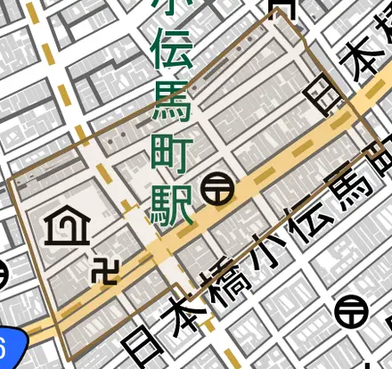 日本橋小伝馬町とその周辺の地図。町の範囲を重ねている