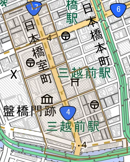 日本橋室町とその周辺の地図。町の範囲を重ねている