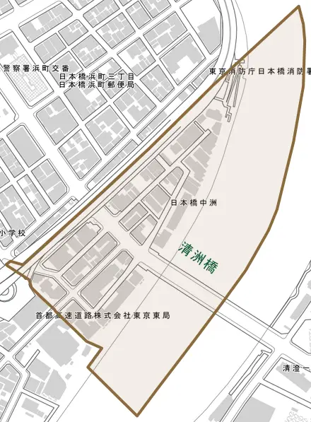 日本橋中洲とその周辺の地図。町の範囲を重ねている