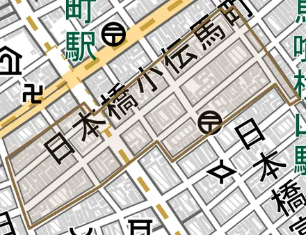 日本橋大伝馬町とその周辺の地図。町の範囲を重ねている