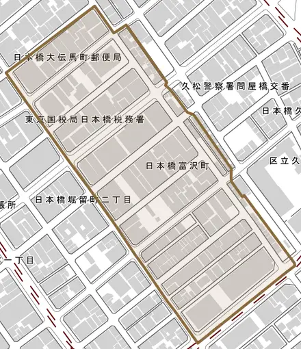 日本橋富沢町とその周辺の地図。町の範囲を重ねている