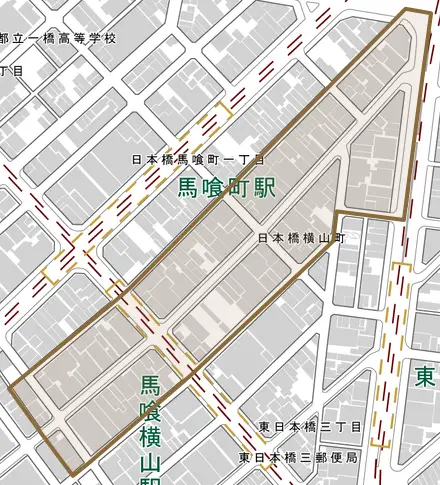 日本橋横山町とその周辺の地図。町の範囲を重ねている