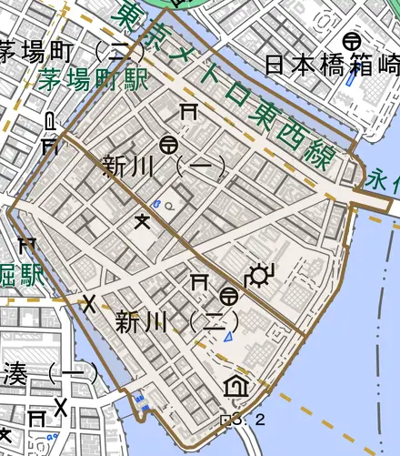 新川とその周辺の地図。町の範囲を重ねている