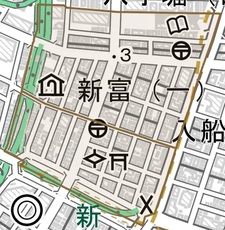 新富とその周辺の地図。町の範囲を重ねている