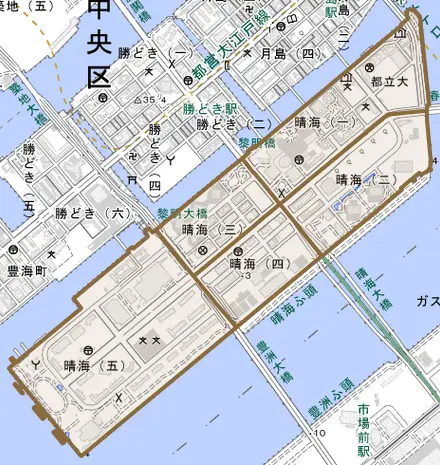 晴海とその周辺の地図。町の範囲を重ねている