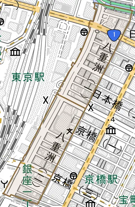 八重洲とその周辺の地図。町の範囲を重ねている