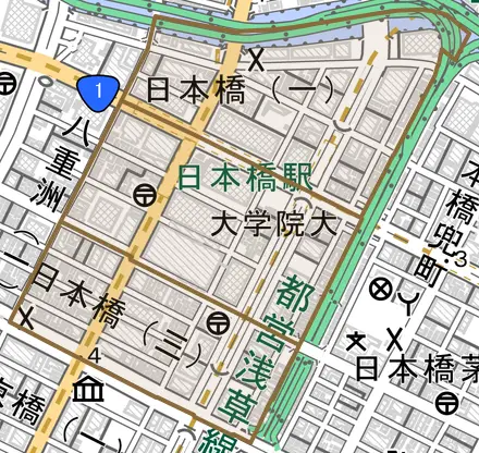 日本橋とその周辺の地図。町の範囲を重ねている