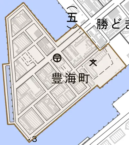 豊海町とその周辺の地図。町の範囲を重ねている