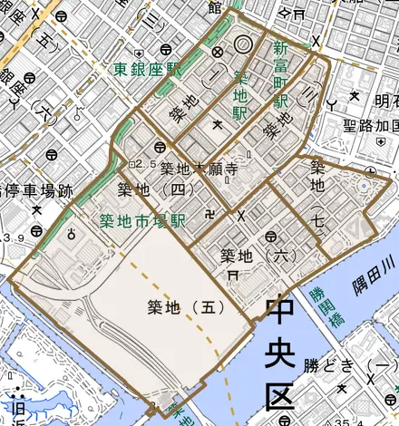 築地とその周辺の地図。町の範囲を重ねている