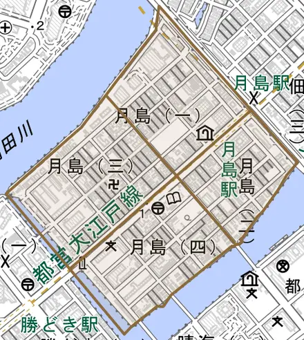 月島とその周辺の地図。町の範囲を重ねている
