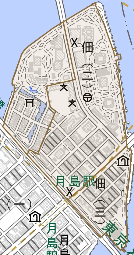 佃とその周辺の地図。町の範囲を重ねている