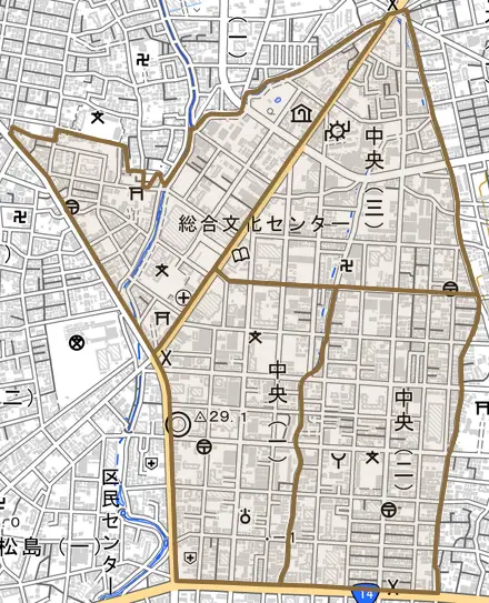 中央とその周辺の地図。町の範囲を重ねている
