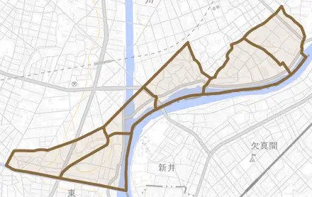 江戸川とその周辺の地図。町の範囲を重ねている