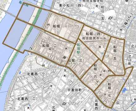 船堀とその周辺の地図。町の範囲を重ねている