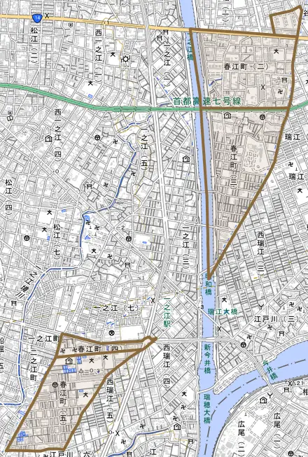 春江町とその周辺の地図。町の範囲を重ねている