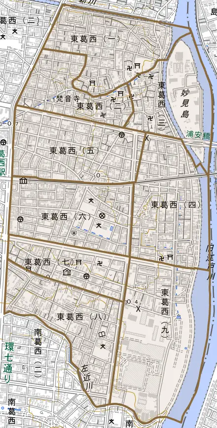 東葛西とその周辺の地図。町の範囲を重ねている
