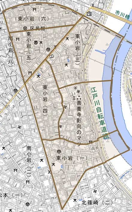東小岩とその周辺の地図。町の範囲を重ねている