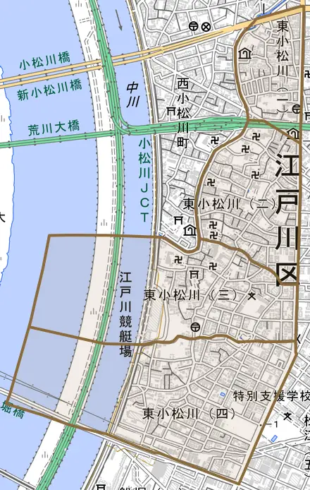 東小松川とその周辺の地図。町の範囲を重ねている